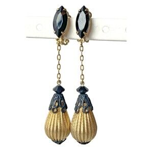 Lewis Segal California Vintage Gold Tone Black Rhinestone Dangle Clip Earrings